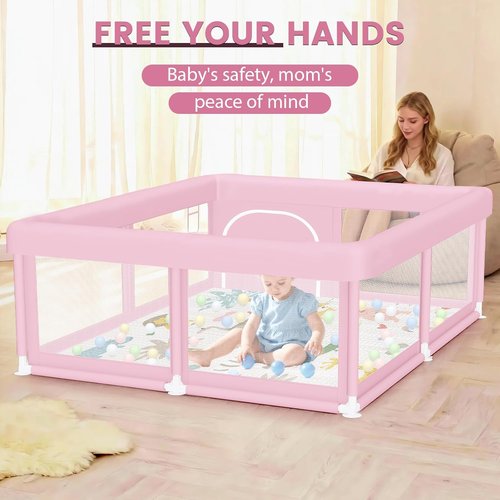 Hiaksedt Large Baby Playpen - Safe & Soft 50"x50" Play Pen for Babies & Toddlers in Pink