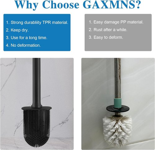 GAXMNS Silicone Toilet Brush and Holder Bendable Efficient Cleaning Wall Mounted Toilet Bowl Brush with Long Handle Brush Head and Silicone Bristles No Rusty Handles Problem (Black)