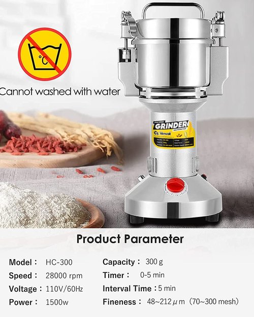 CGOLDENWALL Safety Upgraded Electric Grain Grinder Mill High-speed Dry Spice Herb Mill Grinding Machine with 1500W Commercial Motor Overload Protection CE 110V (300g Hand-held Type)