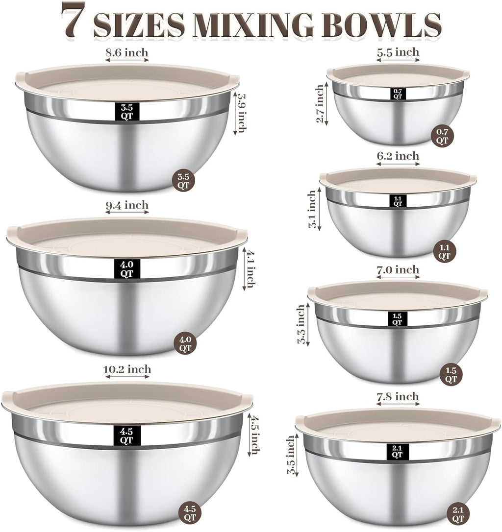 Stainless Steel Mixing Bowls Set by [Brand Name] - 7PCS Nesting Bowls with Lids for Baking & Meal Prep | Dishwasher Safe, Khaki