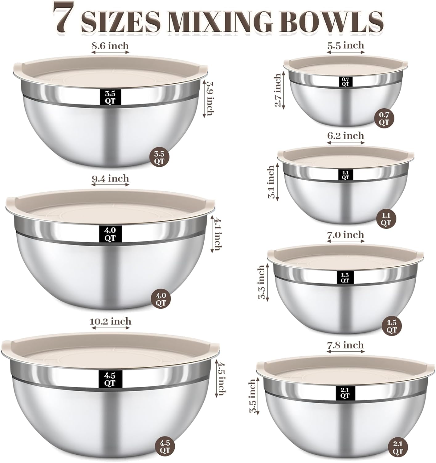 Stainless Steel Mixing Bowls Set by [Brand Name] - 7PCS Nesting Bowls with Lids for Baking & Meal Prep | Dishwasher Safe, Khaki