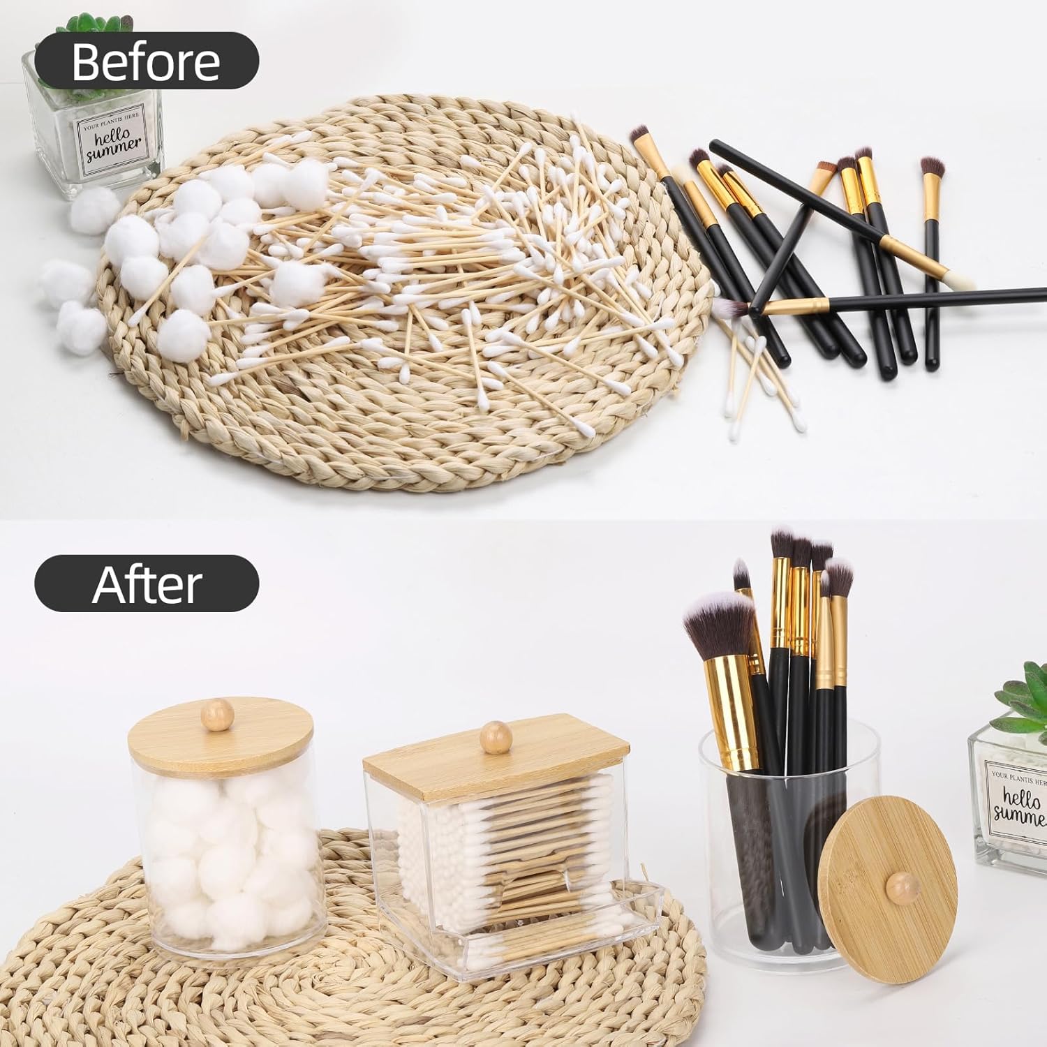 Tbestmax Cotton Swab Dispenser - Stylish Bathroom Organizer with Bamboo Lid | 10/12 oz Apothecary Jar