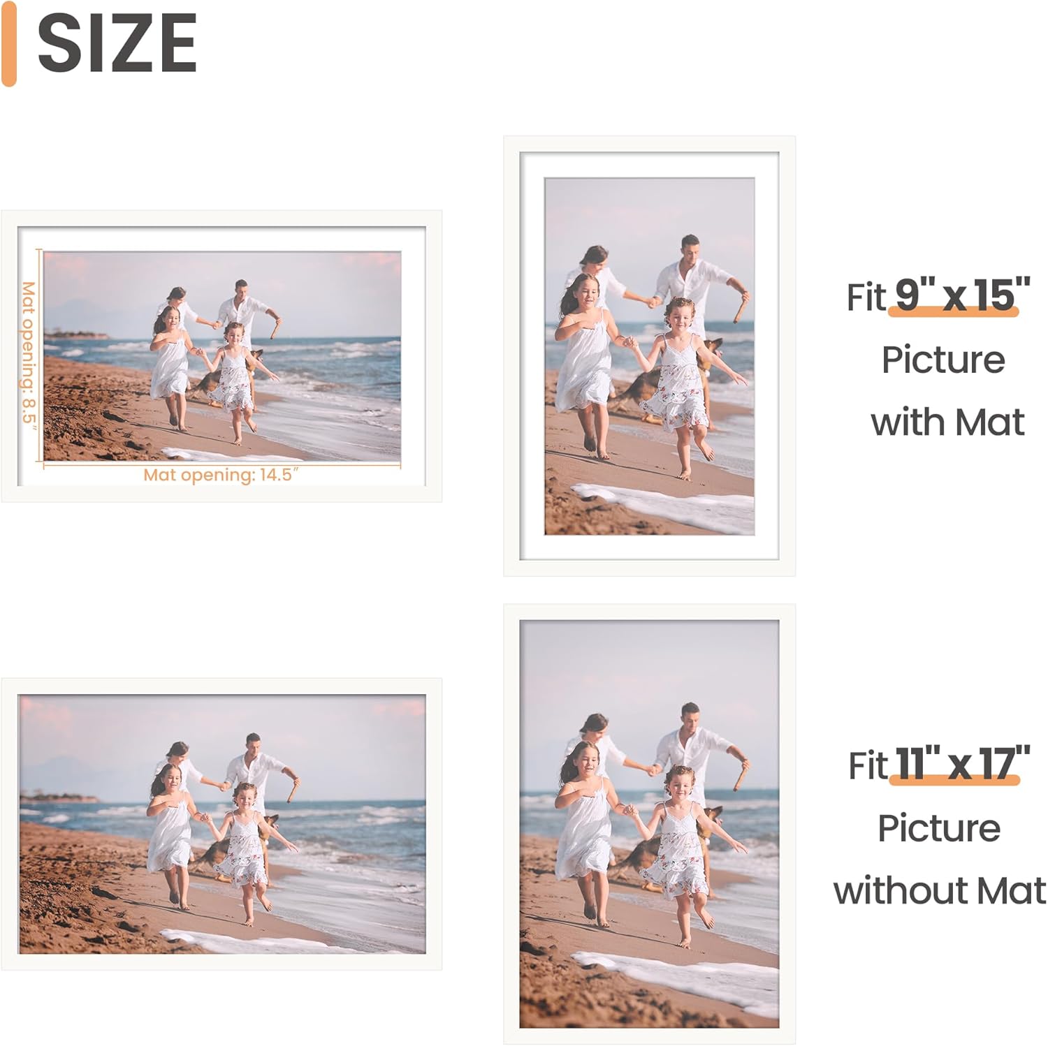 Upsimples 11x17 Picture Frame - Versatile Display for 9x15 with Mat or 11x17 Without | White, 1 Pack