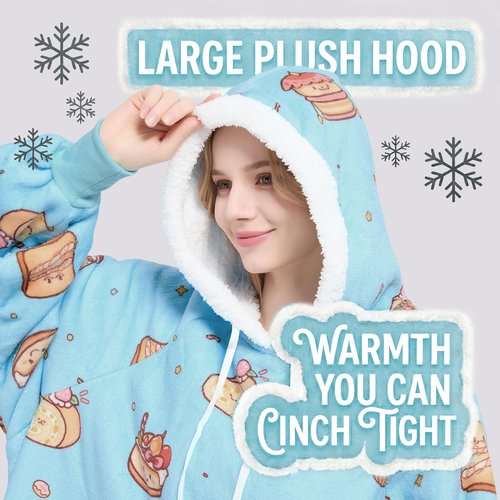 Qeils Wearable Blanket Hoodie for Women, Comfy Sherpa Sweatshirt Blanket as Birthday Christmas Gifts, Oversized Pullover Jacket Blanket Hoodie for Adult (Desserts, Adult)