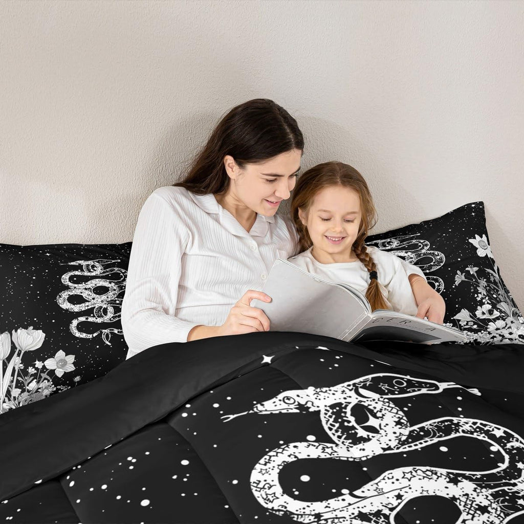 Snake Comforter Set Twin Size,Night Moon Starry Sky Bedding Set 2Pcs,Boho Flower Leaves Botanical Print Quilt Set for Kids Boys Girls Teens Room Decor Gothic Animal Duvet Insert,1 Pillowcase