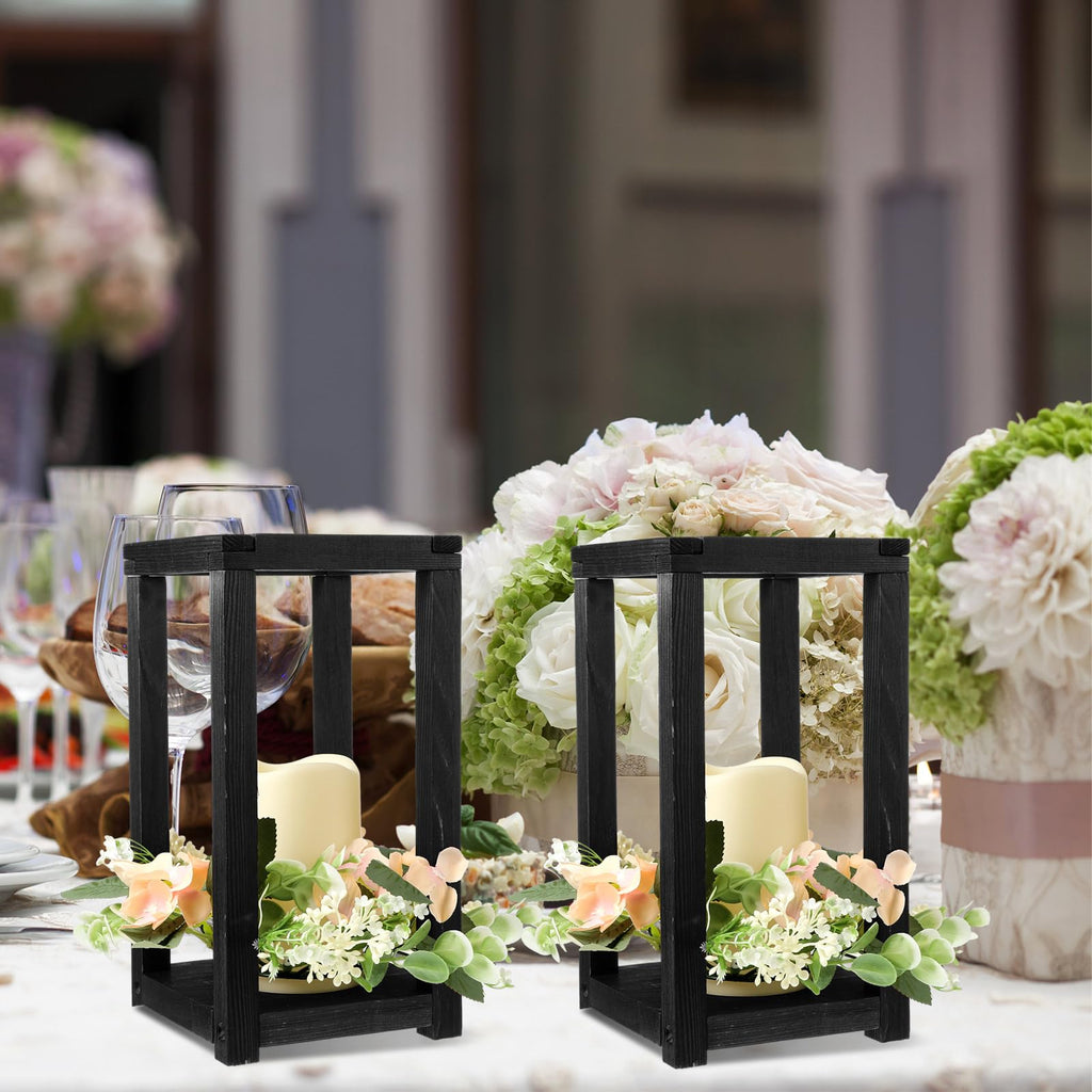 Hushee 30 Pcs Wooden Wedding Lantern Centerpiece Integrated Holders with Candles and Wreaths Rustic Wooden Candle Lantern Decor for Wedding Party Table Valentine Decor (Black)