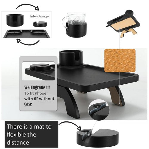 Nnewvante Couch Cup Holder,3 in 1 Large 15.36"x9.85" Bamboo Couch Arm Table Sofa Arm Clip on TV Tray Table with 360°Rotated Phone/Cup Holder, Black