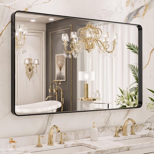LOAAO Black Metal Framed Bathroom Mirror - 40x24 Inch Rounded Rectangle, Anti-Rust, Versatile Hanging Options