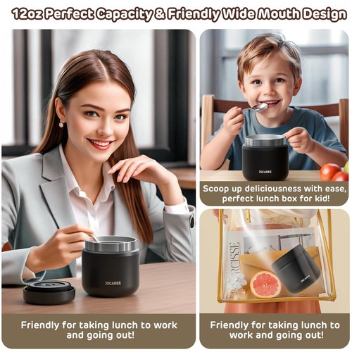 JSCARES 12oz Kids Insulated-Food-Jars for Hot-Food, Wide Mouth Soup Thermo Food Jar Insulated Thermal Lunch Container Termo para Comida Caliente Vacuum Thermoses for Keeping Food Warm-Black