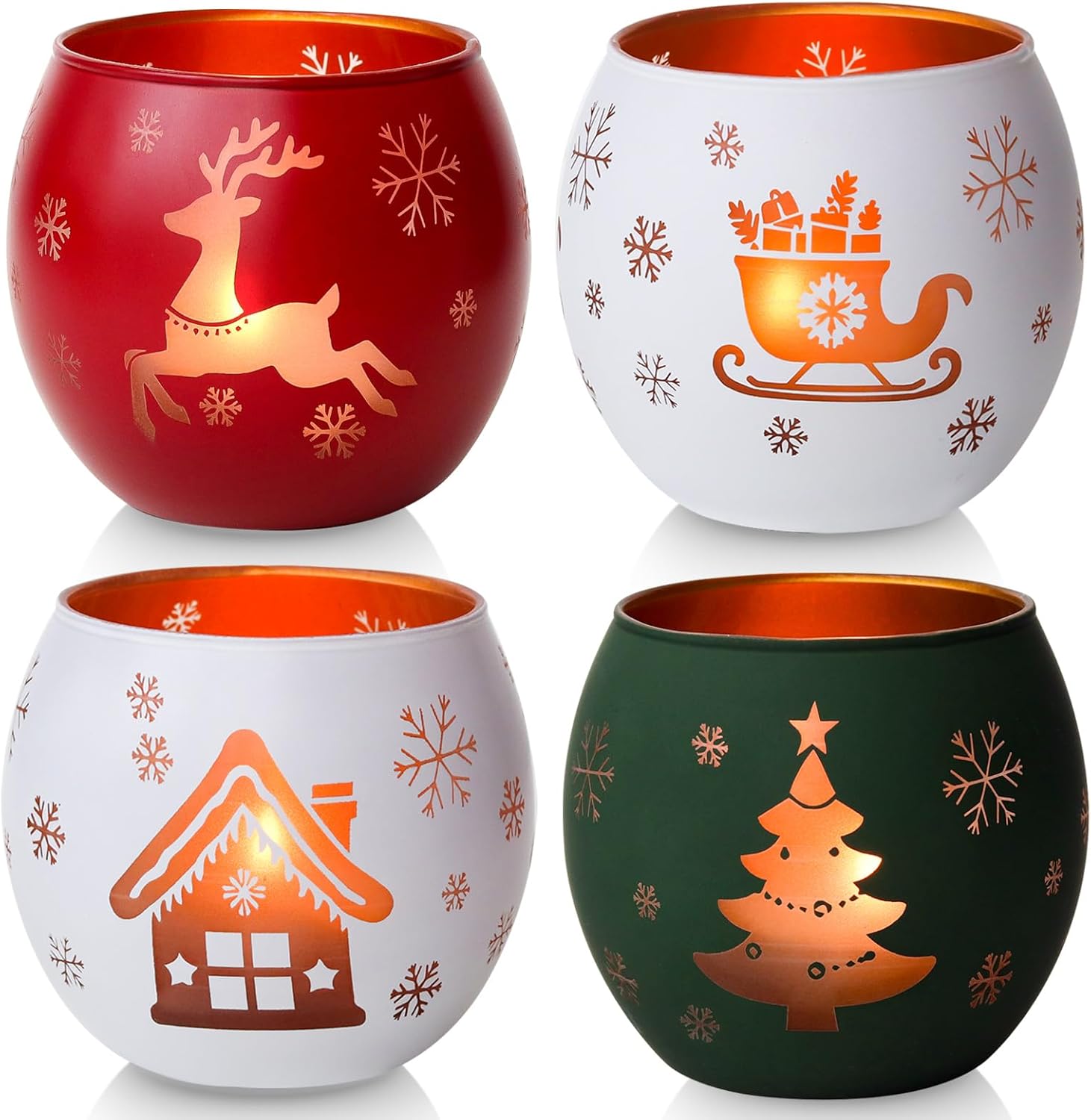 Skiennix Christmas Candle Holders - Set of 4 Frosted Glass Tealight Votive Holders | Winter Holiday Decor (Red, Green, White)