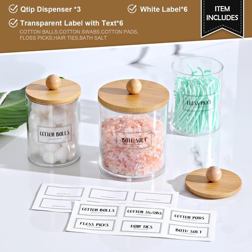 Apothecary Jar Qtip Holder Dispenser Set - 3 Pack Bamboo Lids for Vanity Organizer Storage