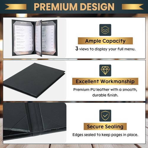 AMGSH 4 View 10 Pack Menu Holder Menu Covers 8.5" x 11" | Certificate Holder Diploma Holder Black Leather Menu Sleeves Book Style for Restaurant Coffee Bars Wine List Fit for Letter Size Paper