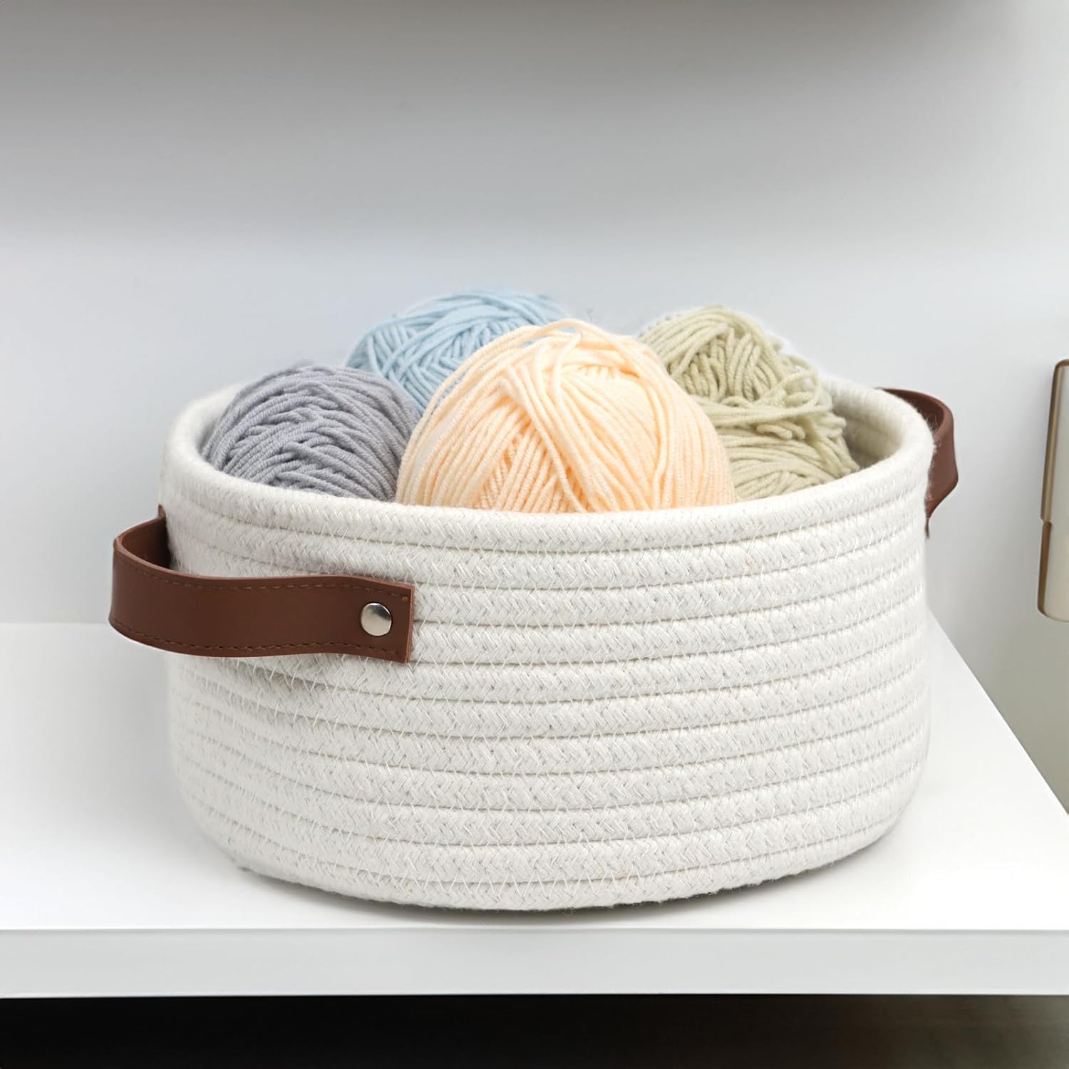 Skiennix Small Woven Basket - Cute Mini Cotton Rope Storage Bin with Leather Handle | Boho Nursery Organizer