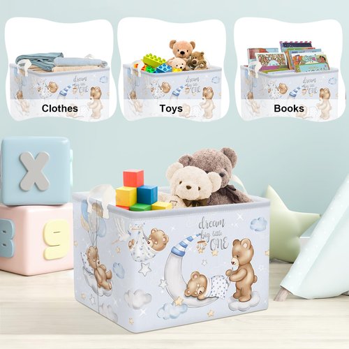 Clastyle Sleeping Bear Balloons Boy Shelf Basket Clouds Stars Moon Baby Shower Basket for Kids Room Blue Rectangle Clothes Toys Cube Storage Basket