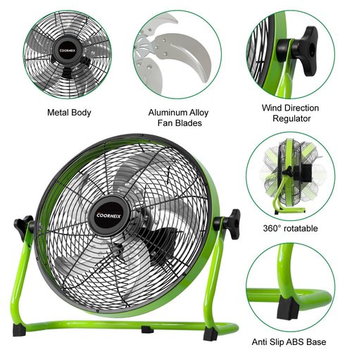 COORHEIX 12'' Solar Powered Floor Fan Rechargeble,18000mAh Battery Operated Fan 5-Blade Solar Portable Outdoor Fan 360° Tilt for Outside, Greenhouse, Camping, Shed