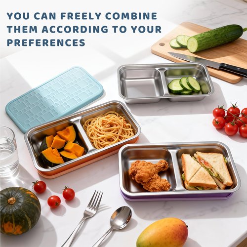 Mostdream 3 Pack 15 oz Stainless Steel Snack Containers for Kids, Reusable Metal Snack Containers with Silicone Lids, 2 Compartment Stackable Metal Toddler Lunch Box for Daycare, School and Outdoor