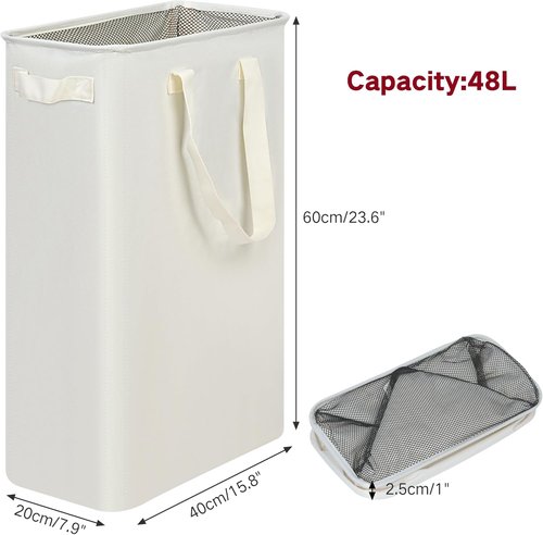 Efluky Slim Laundry Basket - Collapsible Hamper with Handles | 12.7 Gallon Beige Laundry Bin for Dorm & Bedroom