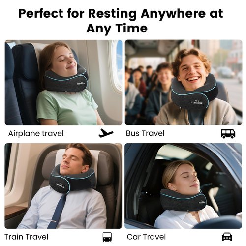 Travel Neck Pillow for Airplane -Memory Foam Travel Pillow for Long Flights/Car Sleep 360° Support Airplane Pillow, With Eye Mask & Earplugs, Portable Carry Bag | Airplane Accessories Washable Cover