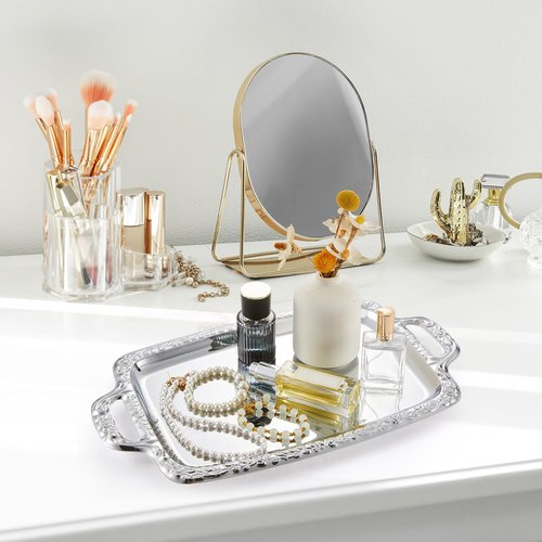 Tiangrid 6 Pcs Silver Serving Tray with Handle Elegant Floral Metal Plate Silver Platter for Buffet Wedding Party Jewelry Decorative (Oblong)