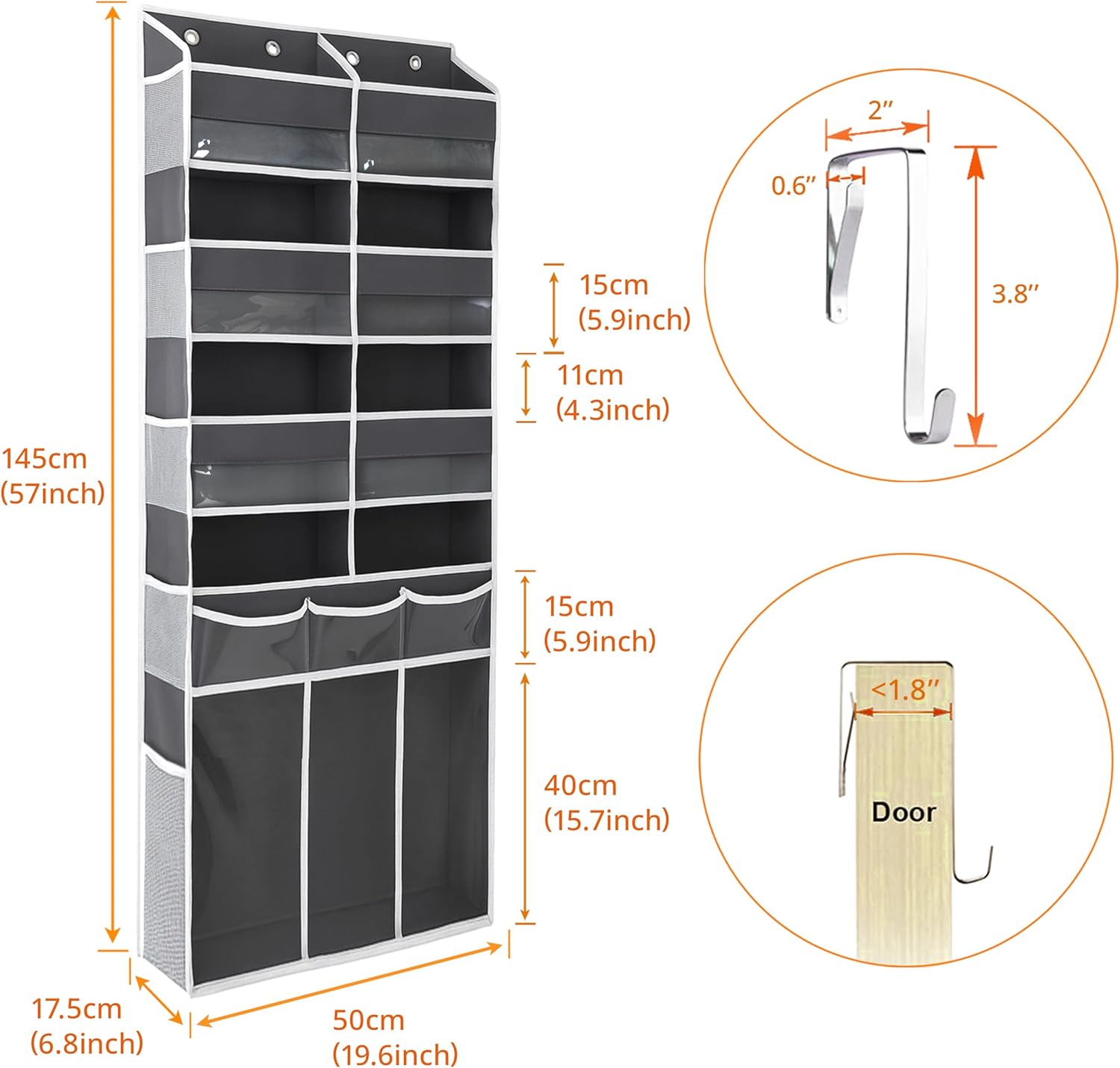 Over The Door Organizer by Extra Large | Heavy-Duty 8 Compartment Design with Clear Pockets - 57 Inch Height