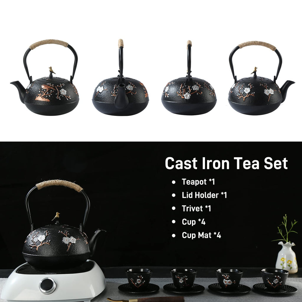 SECHUDO Tea Set Tea Kettle Japanese Style Beautiful Black Cast Iron Teapot Set with 4 Cups,4 Cup Mats,1 Trivet and 1 Lid Holder,40.6oz Teapot with Infuser for Stove Top Safe