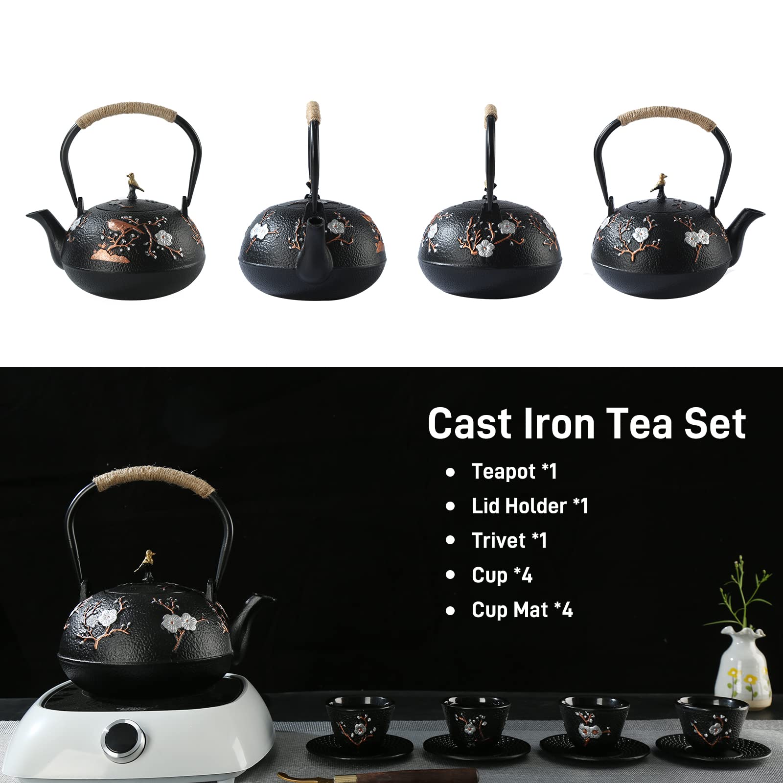 SECHUDO Tea Set Tea Kettle Japanese Style Beautiful Black Cast Iron Teapot Set with 4 Cups,4 Cup Mats,1 Trivet and 1 Lid Holder,40.6oz Teapot with Infuser for Stove Top Safe