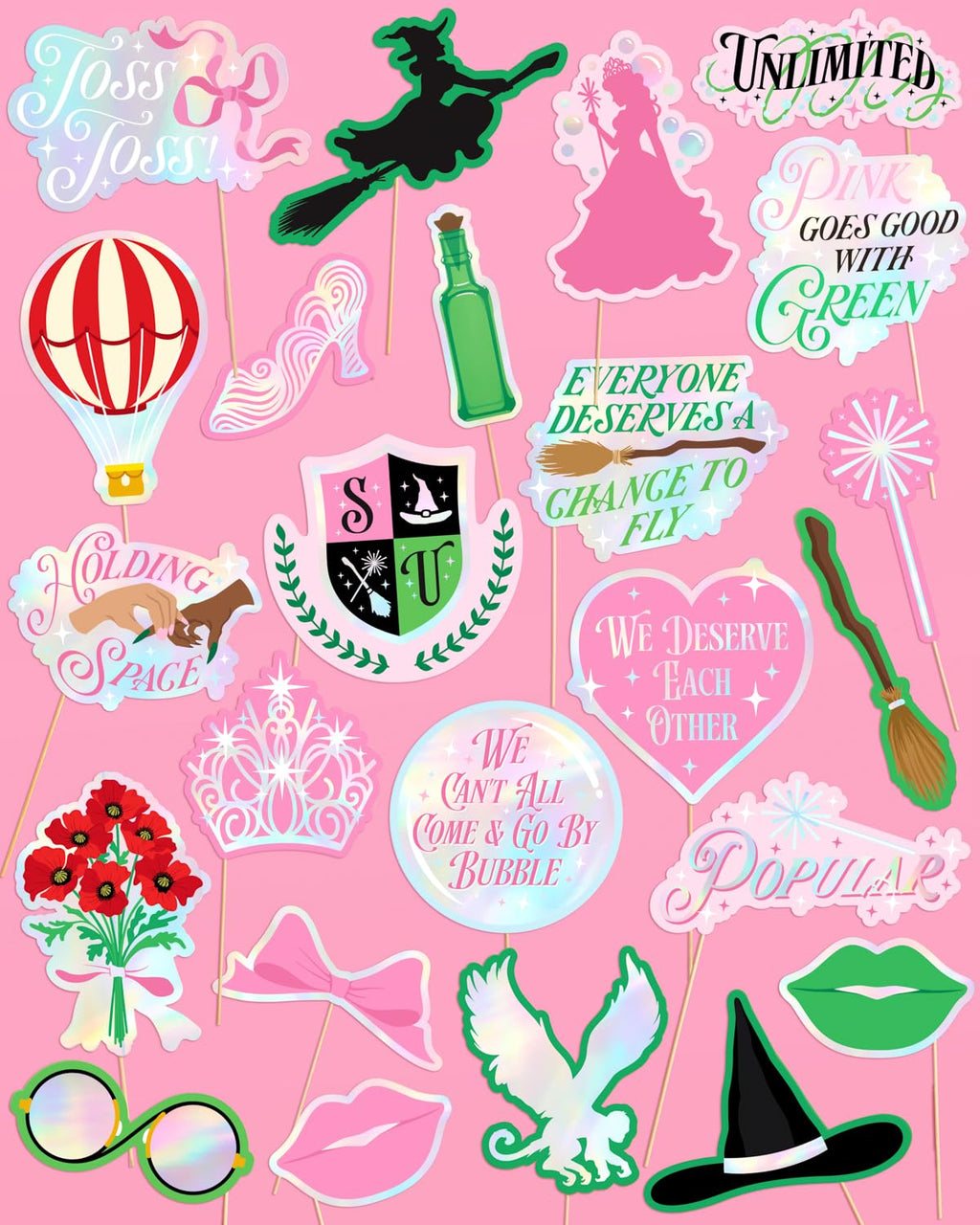 xo, Fetti Pink + Green Witch Photo Props - 24 Count | Bachelorette Backdrop, Kids Birthday Party Photo Booth, Movie Night Background Decorations