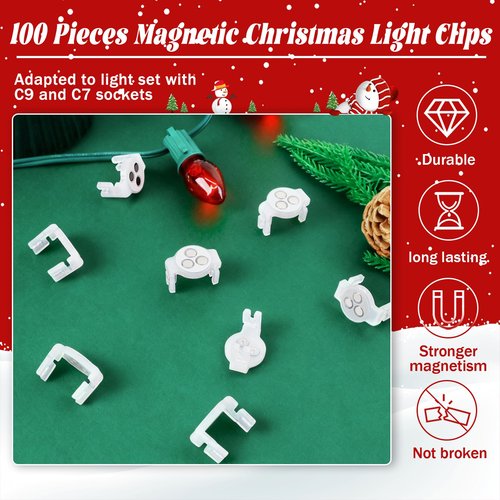 UQM 100 Pack C9 Magnetic Christmas Light Clips, Extra Strong Magnetic Clips Hooks for Christmas Lights, Magnet Christmas Light Clips for C9 C7 Sockets Metal Roof Gutters Outside Patio Holiday Lighting