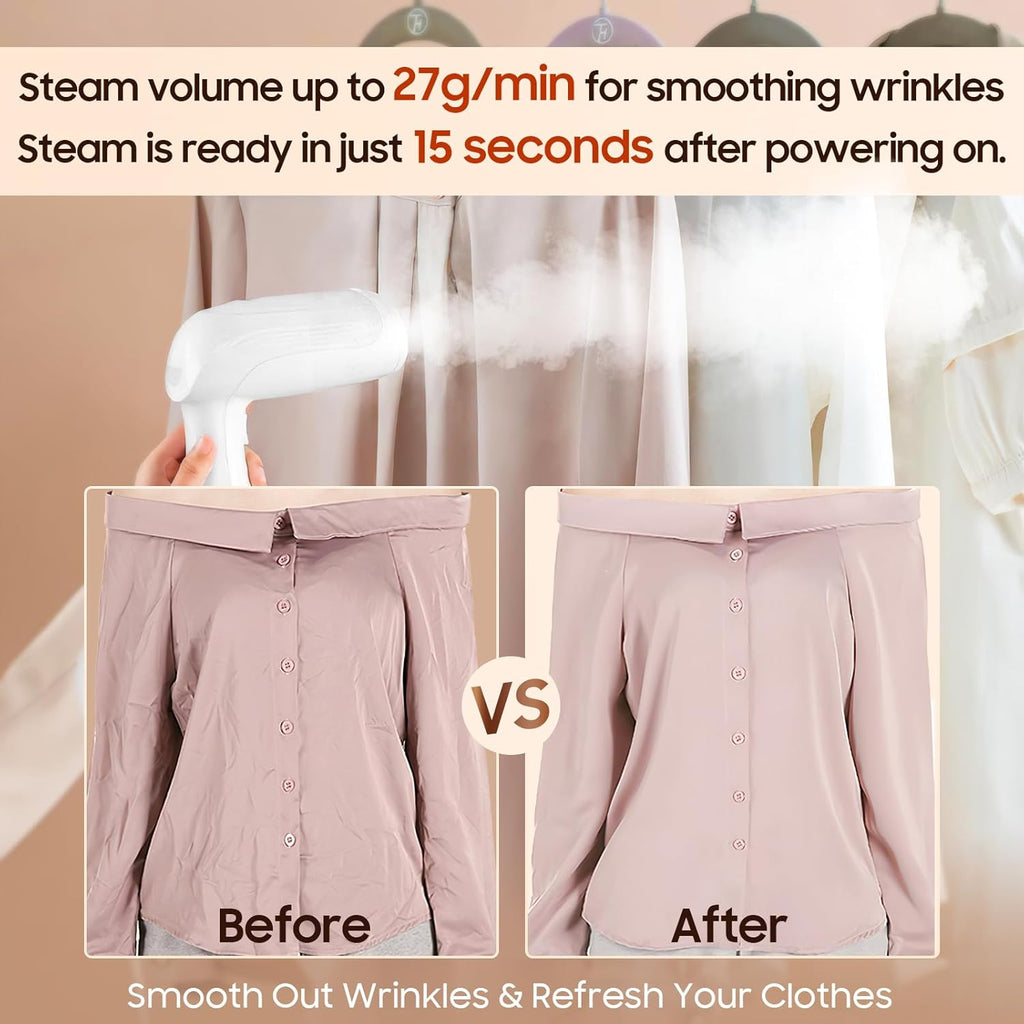 Skiennix Portable Handheld Clothes Steamer - 1350W Rapid Heating, Large-Capacity Wrinkle Remover for Travel