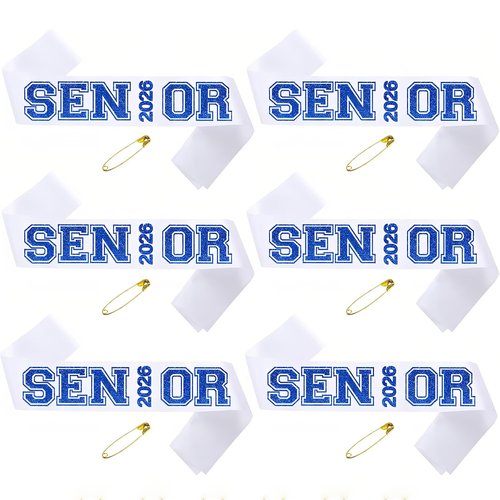 6PCS White Senior 2026 Sashes with Royal Blue Glitter Printing Letters，2026 Graduation Celebrations Sashes, Class of 2026 Sash for Graduation Party, Senior Cheerleader, Class Competition Sashes
