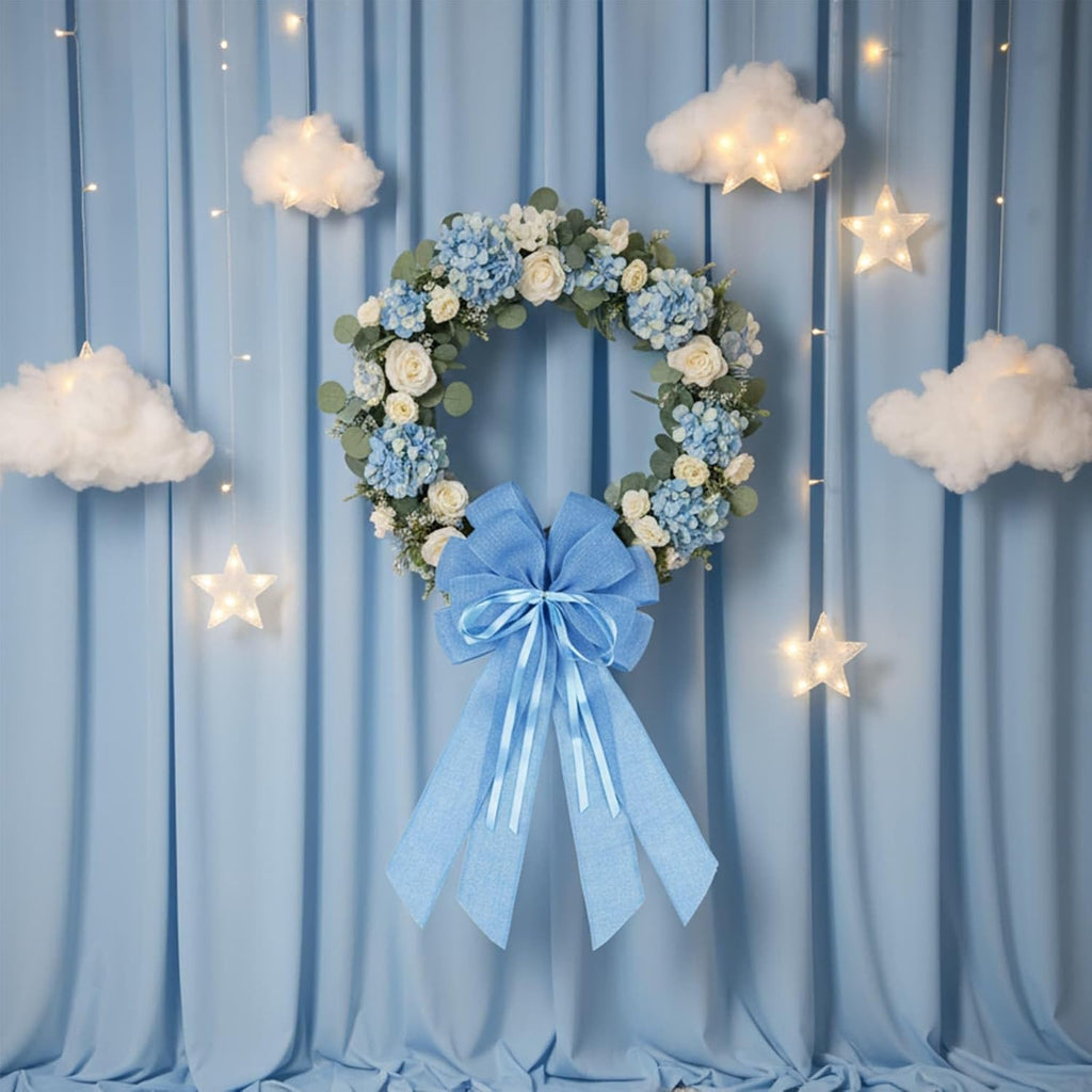 YKW Large Baby Blue Burlap Bow - 20x11 Inch Farmhouse Wreath Decor & Tree Topper