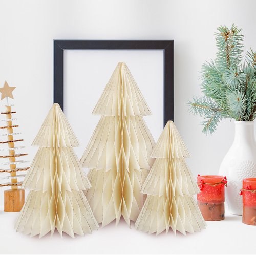 3 Pcs Honeycomb Paper Christmas Tree 8" 10" 12" Modern Christmas Decor 3D Paper Honeycomb Tree for Xmas Mantel Decorations Holiday Xmas Festive Party Supplies(White)