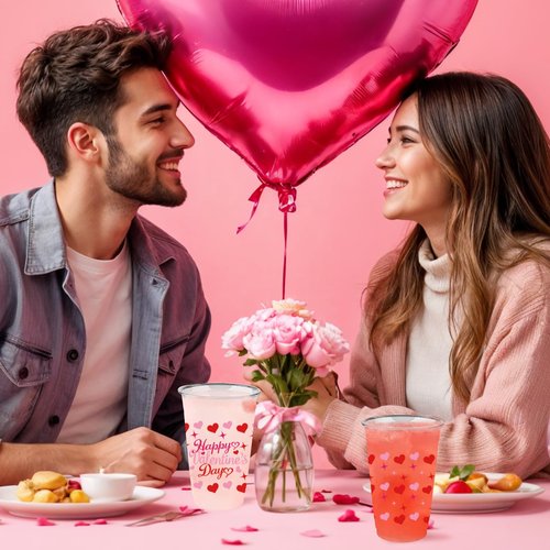 Prehalpty 60PCS Valentines Cups Disposable 16oz – Valentines Day Plastic Cup with Heart Design, Valentine Cups Bulk for Galentines Day Party Decorations