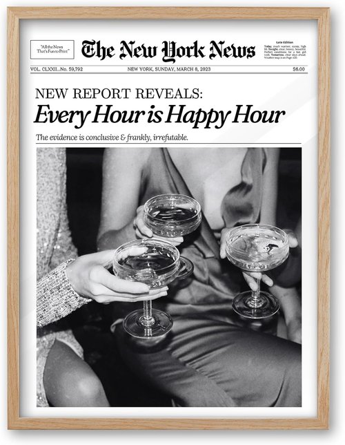 iHery Framed Newspaper Wall Art - Trendy Retro New York Prints | Natural Oak Wood, Large 16x20in for Bedroom & Living Room