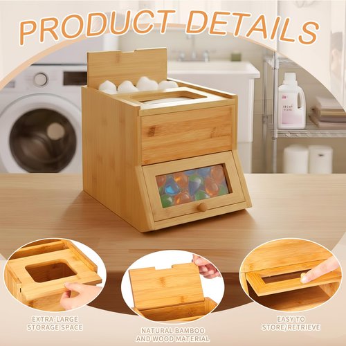Fiwochic Bamboo Laundry Pods Container 10.6 x 8.3 x 6.9 Inch, 3 in 1 Multi Purpose Storage Organization Container for Laundry Pods, Facial Tissues, Disposable Gloves, Dryer Sheet Box