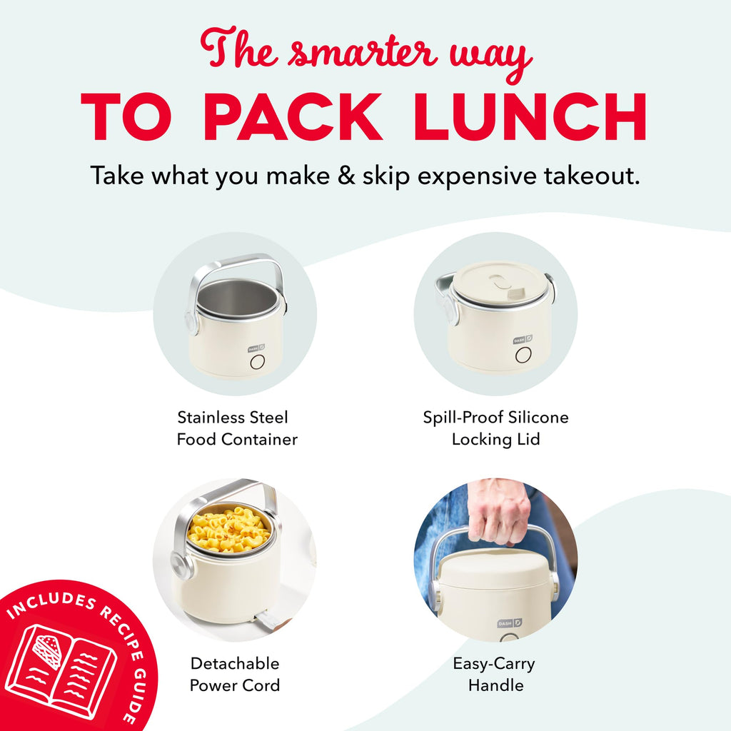 DASH Hot2Go™ Personal Food Warmer | Heated Lunch Box, Portable Electric Lunch Box for Adults, 20 oz Stainless Steel Insulated Food Container, Spill Proof, Cream