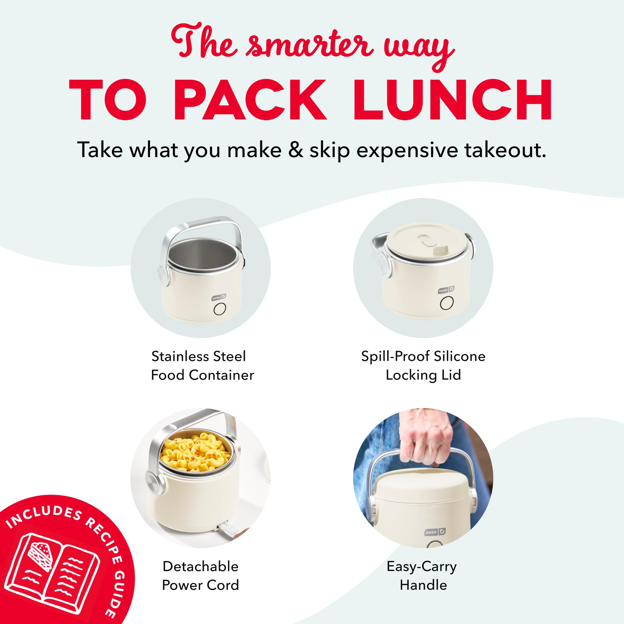 DASH Hot2Go™ Personal Food Warmer | Heated Lunch Box, Portable Electric Lunch Box for Adults, 20 oz Stainless Steel Insulated Food Container, Spill Proof, Cream