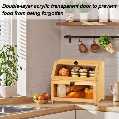 Bamboo Bread Box for Kitchen Countertop, Large Bread Storage Container Bin 2 Layer Breadbox Holder for Kitchen Counter, Cabinet, Pantry, Cupboard (Natural)