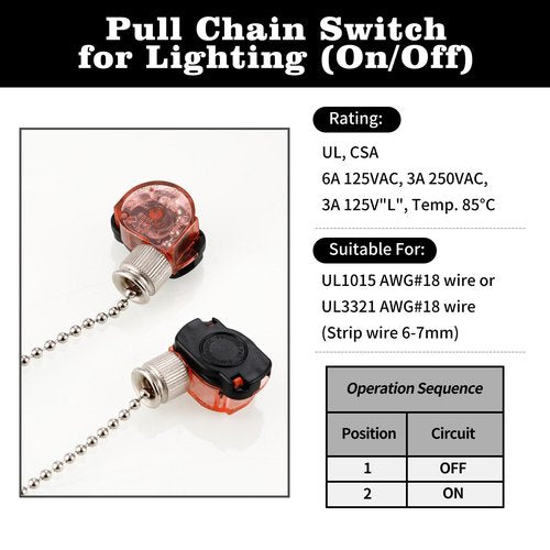 Hunter Ceiling Fan Light Switch E87438 - Pull Chain Switch, Two-Wire On-Off, 11" Beaded Chain, 3A/6A 125V/250VAC