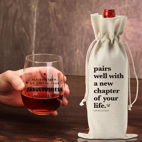 New Chapter Wine Bag Glass Set - Farewell & New Beginnings Gifts for Women & Men - Reusable Burlap & Glass - Modern Style - 5.6'' x 12.9'' - Wine Glass Set