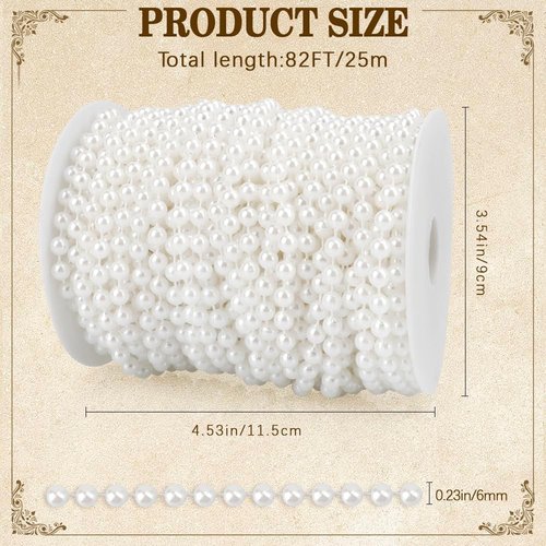 Pearl Beads Garland, 6mm String of Pearls, 82FT Pearl Garland for Christmas Tree, Christmas Faux Pearls Strand Roll for DIY Craft Xmas Wedding Party Supplies Flowers Decoration (White)
