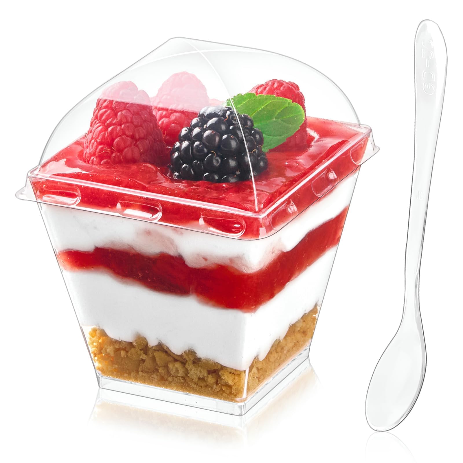 Zezzxu 50 Pack 7 oz Square Dessert Cups with Dome Lids and Spoons, Plastic Pudding Cups with Lids Mini Parfait Shooter Cups for Party Individual Banana Pudding Jello Yogurt Fruit Trifle