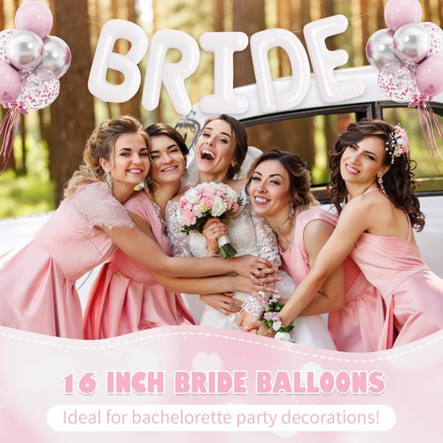 BRIDE Balloons Bachelorette, 16 inch White Bride Balloons for Bachelorette Party Decorations, Giant Wedding Foil Balloon Letter Banner for Wedding Engagement Bride To Be Party