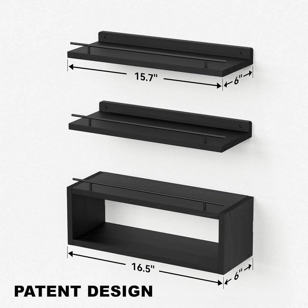 WOPITUES Floating Wall Shelves - Stylish Cube Shelf with Metal Rail for Bathroom Storage | Black