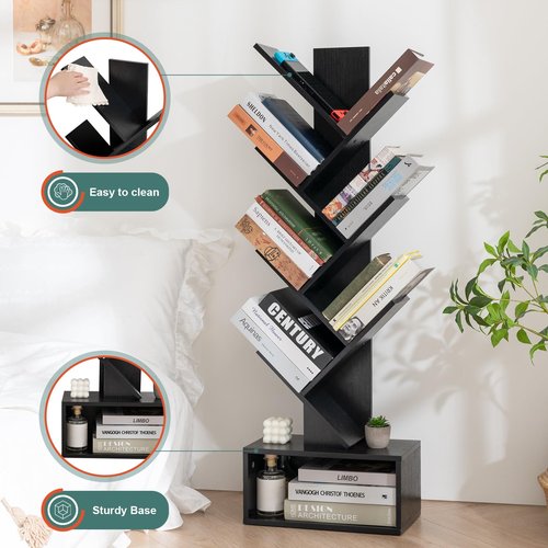 Yoobure Tree Bookshelf, 6 Tier Small Book Shelf Retro Floor Standing Bookcase, Wood Book Storage Organizer Rack, Tall Narrow Bookshelves for Corner/Bedroom/Living Room/Home Office, Black