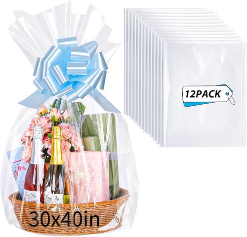 12PCS Large Cellophane Bags 30x40 Inch Clear Cello Gift Bags Easter Cellophane Wrap for Easter Gift Baskets Decorations Candy Baby Bridal Shower Wedding Party favor Birthday