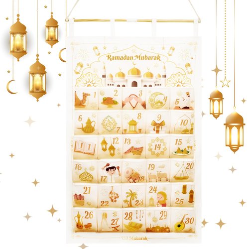 AhfuLife Ramadan Advent Calendar Decorations for Filling, Reusable Fabric Hanging 2026 Ramadan Mubarak Countdown Calendar with 30 Pockets for Eid Mubarak Party Ramadan Gift Home Wall Door