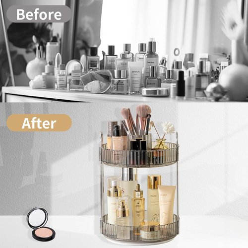 Asayuee 360 Rotating Makeup Organizer - 2-Tier Large Capacity for Skincare & Cosmetics Storage | Grey