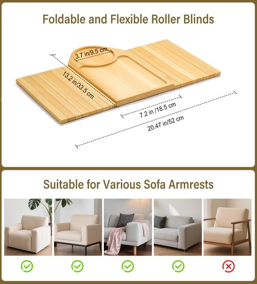 Kssiaz Couch Arm Tray, Bamboo Sofa Table for Couch, Sofa Arm Tray with Cup Holder, Non-Slip Armrest Organizer for Drink, Cup, Snack, Control, Easy to Clean, Natural