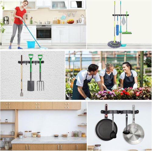 Huryfox Heavy-Duty Stainless Steel Broom Holder - Adjustable Wall Mount with 3 Racks & 2 Hooks | Black, Fits 1-4 cm Diameter
